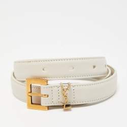 Pre Owned Saint Laurent White Leather Monogram Square Buckle Belt 75CM