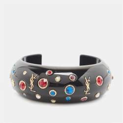 Pre Owned Saint Laurent Black Crystal Embellished Gold Tone Open Cuff Bracelet
