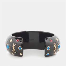 Pre Owned Saint Laurent Black Crystal Embellished Gold Tone Open Cuff Bracelet