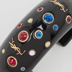 Pre Owned Saint Laurent Black Crystal Embellished Gold Tone Open Cuff Bracelet