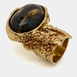Saint Laurent Paris Arty Glass Cabochon Gold Tone Ring Size 50