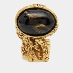 Saint Laurent Paris Arty Glass Cabochon Gold Tone Ring Size 50