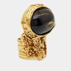 Saint Laurent Paris Arty Glass Cabochon Gold Tone Ring Size 50