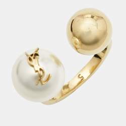 Saint Laurent Faux Pearl Gold Tone Ring Size 50