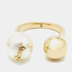 Saint Laurent Faux Pearl Gold Tone Ring Size 50