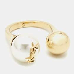 Saint Laurent Faux Pearl Gold Tone Ring Size 50