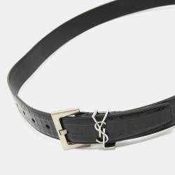 Pre Owned Saint Laurent Black Croc Embossed Leather Monogram Square Buckle Belt 100CM