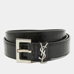 Pre Owned Saint Laurent Black Croc Embossed Leather Monogram Square Buckle Belt 100CM