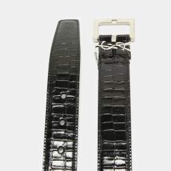 Pre Owned Saint Laurent Black Croc Embossed Leather Monogram Square Buckle Belt 100CM