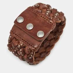 Saint Laurent Paris Brown Studded & Braided Leather Wide Bracelet