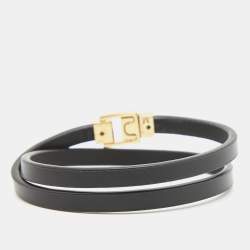 Pre Owned Saint Laurent Le Carre Leather Gold Tone Double-Wrap Bracelet