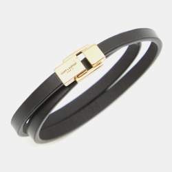 Pre Owned Saint Laurent Le Carre Leather Gold Tone Double-Wrap Bracelet