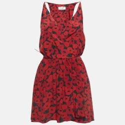 Saint Laurent Red Printed Silk Wrap Mini Dress S