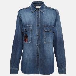 Pre Owned Saint Laurent Paris Blue Denim Military Patch Buttoned Up Shirt L