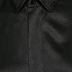 Saint Laurent Paris Black Satin Silk Leather Trim Button Front Shirt M