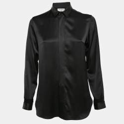 Saint Laurent Paris Black Satin Silk Leather Trim Button Front Shirt M