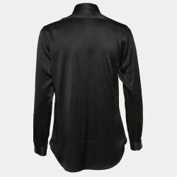 Saint Laurent Paris Black Satin Silk Leather Trim Button Front Shirt M
