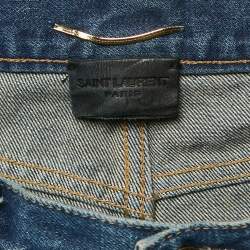 Pre Owned Saint Laurent Blue Denim Logo Embroidered Shorts M Waist 29"