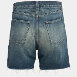 Pre Owned Saint Laurent Blue Denim Logo Embroidered Shorts M Waist 29"