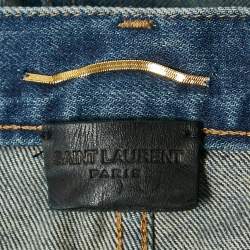 Pre Owned Saint Laurent Blue Denim Logo Embroidered Shorts M Waist 29"