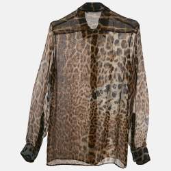 Saint Laurent Brown Leopard Print Silk Sheer Shirt M