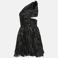 Saint Laurent Paris Black Lurex Silk Draped One-Shoulder Mini Dress M