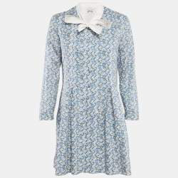 Saint Laurent Paris Blue Floral Print Pleated Button Front Mini Dress L