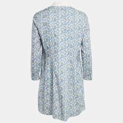 Saint Laurent Paris Blue Floral Print Pleated Button Front Mini Dress L