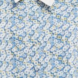 Saint Laurent Paris Blue Floral Print Pleated Button Front Mini Dress L