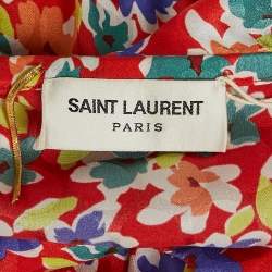 Pre Owned Saint Laurent Red Floral Print Silk One Shoulder Ruffled Mini Dress M
