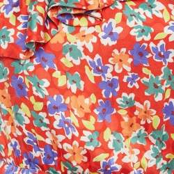Pre Owned Saint Laurent Red Floral Print Silk One Shoulder Ruffled Mini Dress M