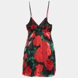 Pre Owned Saint Laurent Black/Red Rose Print Satin Silk Mini Slip Dress S