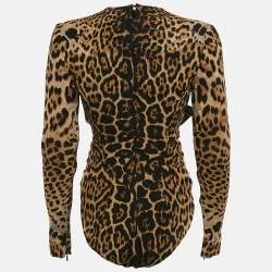 Saint Laurent Paris Brown Leopard Print Crepe Full Sleeve Bodysuit M