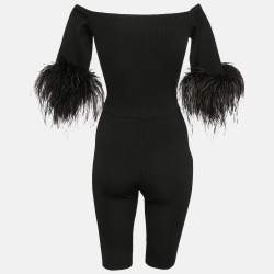Saint Laurent Black Ostrich Feather Trim Rib Knit Jumpsuit XS