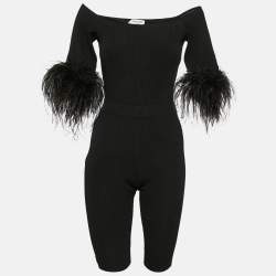 Saint Laurent Black Ostrich Feather Trim Rib Knit Jumpsuit XS