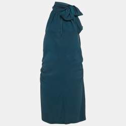 Pre Owned Saint Laurent Paris Blue Crepe Tie-Up Neck Detail Mini Dress L