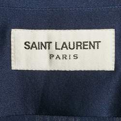 Saint Laurent Paris Blue Leather Trim Satin Silk Shirt S