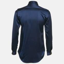 Saint Laurent Paris Blue Leather Trim Satin Silk Shirt S