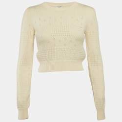 Saint Laurent Cream Pointelle Knit Crop Fisherman Sweater XS