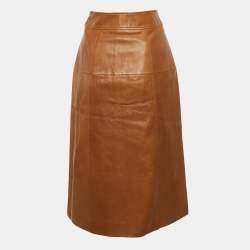 Pre Owned Saint Laurent Paris Light Brown Leather Button Front Knee Length Skirt S