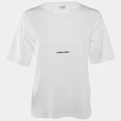 Pre Owned Saint Laurent White Logo Print Cotton Crew Neck T-Shirt S