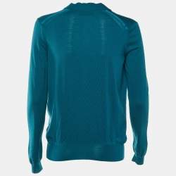 Yves Saint Laurent Teal Blue Wool Knit & Satin Trim Button Front Cardigan L