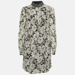 Saint Laurent Paris Black/Cream Floral Print Crepe Pleated Mini Dress S