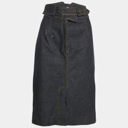 Pre Owned Saint Laurent Blue Denim Buckle Detail Midi Skirt L