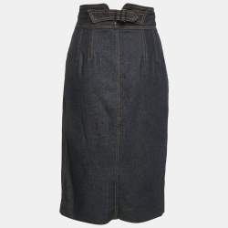 Pre Owned Saint Laurent Blue Denim Buckle Detail Midi Skirt L