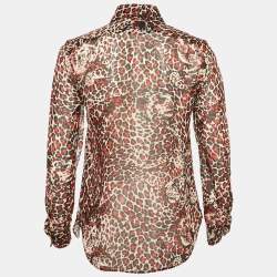 Saint Laurent Red Leopard Print Silk Sheer Shirt S