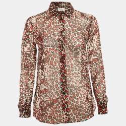 Saint Laurent Red Leopard Print Silk Sheer Shirt S