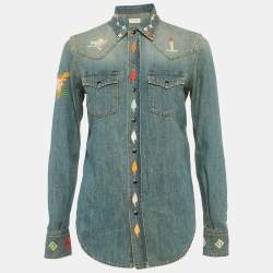 Saint Laurent Blue Embroidered Denim Button Front Blouse S