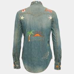 Saint Laurent Blue Embroidered Denim Button Front Blouse S