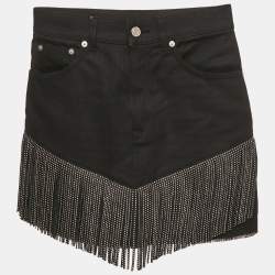 Saint Laurent Black Studded Leather Fringe Trim Denim Skirt S Waist 27"